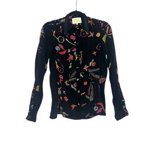 Ossie Clark Vintage Silk Black Printed Button Up Long Sleeve Shirt Top 10